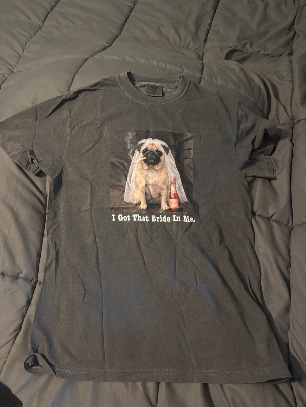 Dark Grey Pug Bride Graphic T-Shirt, size medium